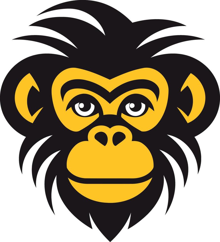 A simple, bold illustration of a chimpanzee's face, featuring a black outline and yellow detailing vector