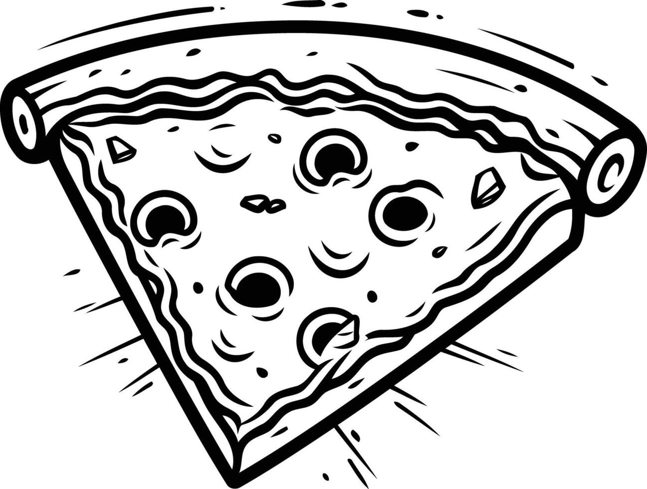 A cartoon illustration of a slice of pizza, drawn in black and white vector