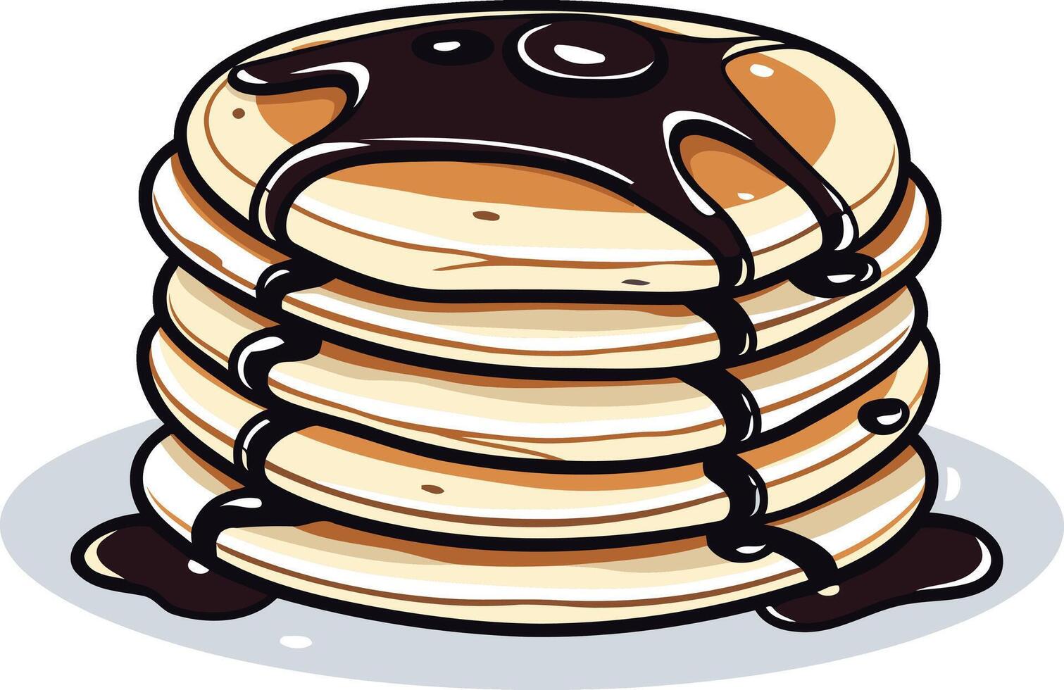 Delicious cartoon illustration of a stack of fluffy pancakes drizzled with chocolate syrup vector