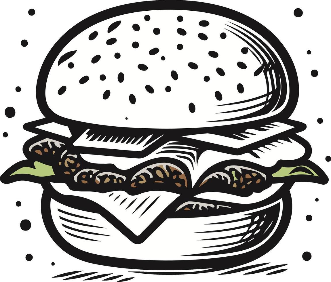 Hand drawn illustration of a delicious burger, perfect for use in restaurant menus, social media posts, or any project needing a classic burger design vector