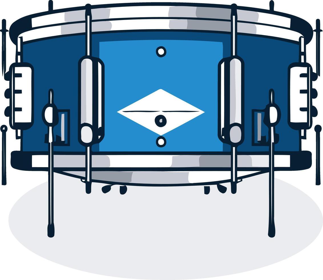 A simple illustration of a blue snare drum with two drumsticks and a white diamond design vector