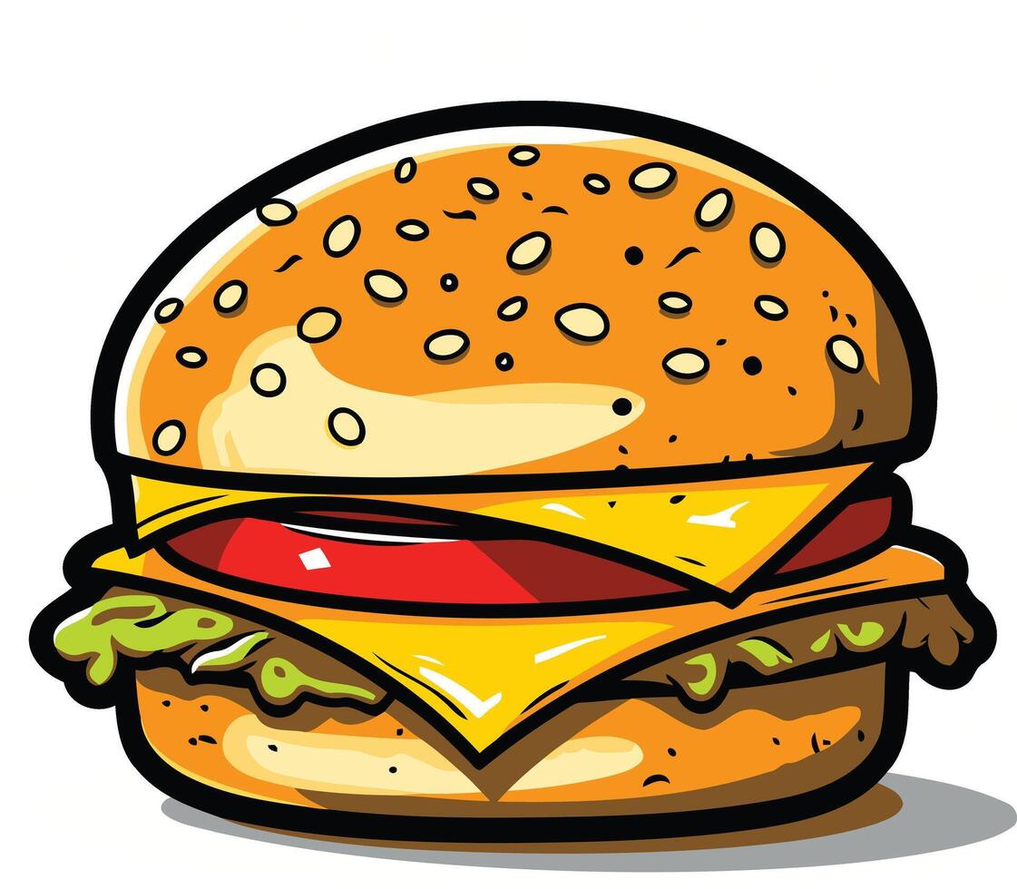 A cartoon style illustration of a juicy burger with cheese, lettuce, and tomato vector