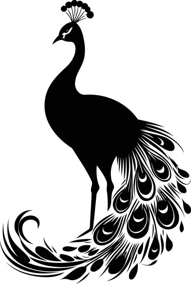 Elegant black and white silhouette of a peacock with its tail feathers spread vector
