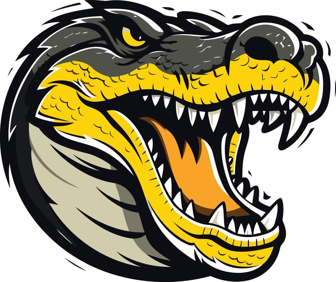A fierce, cartoon style alligator head with a wide open mouth, bared teeth, and a menacing glare vector