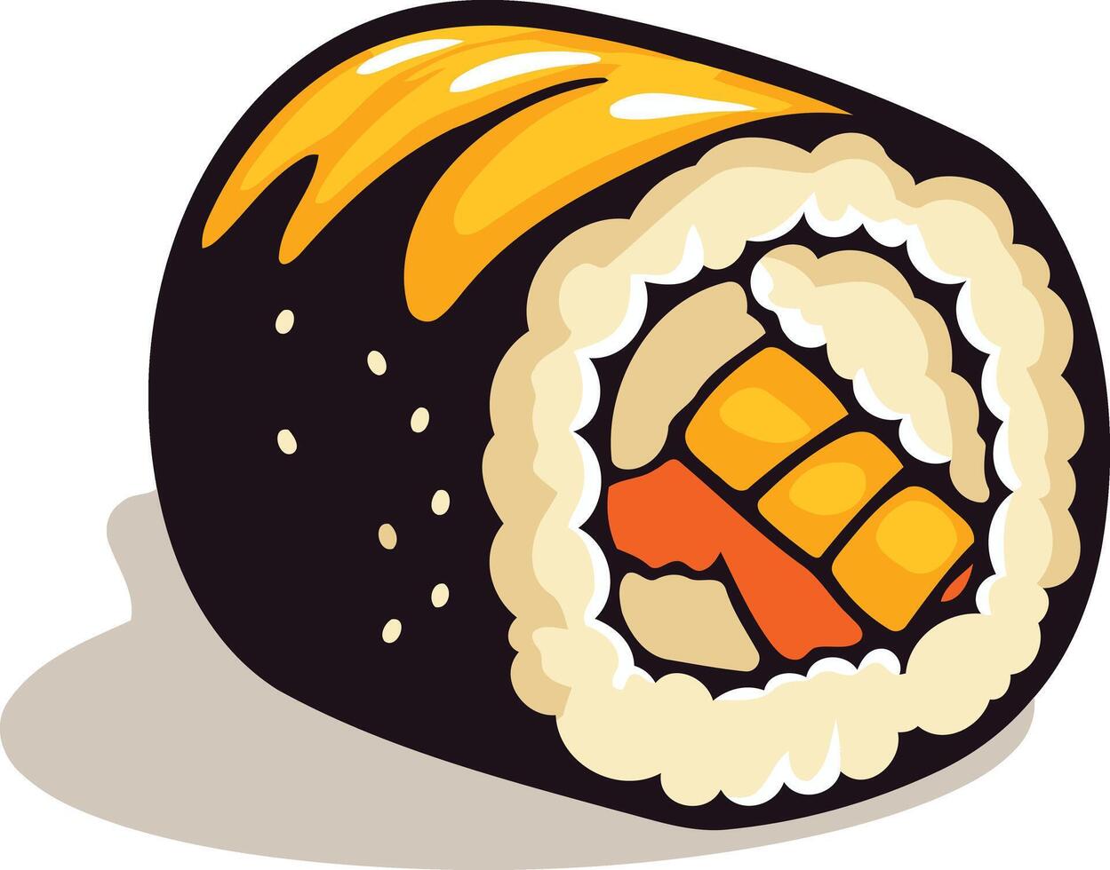 A cartoon illustration of a delicious looking sushi roll with mango and a yellow sauce vector