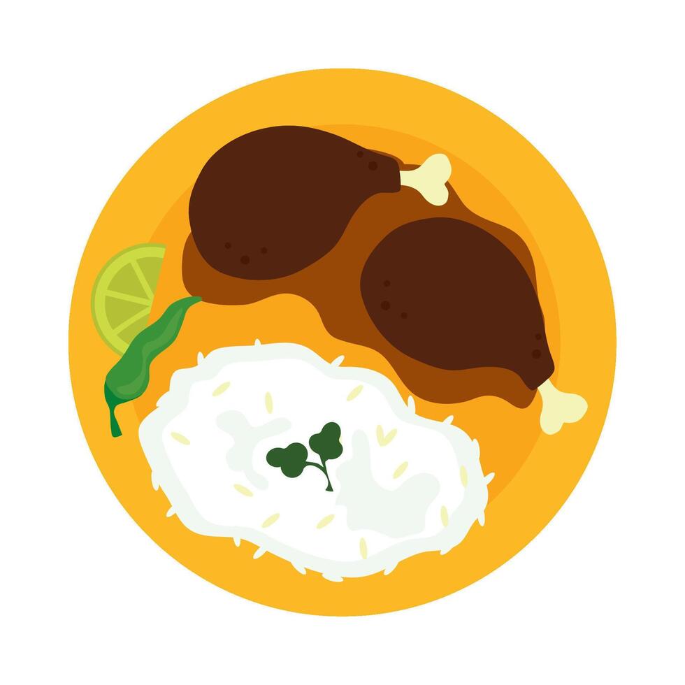 A plate with rice, chicken and lime vector