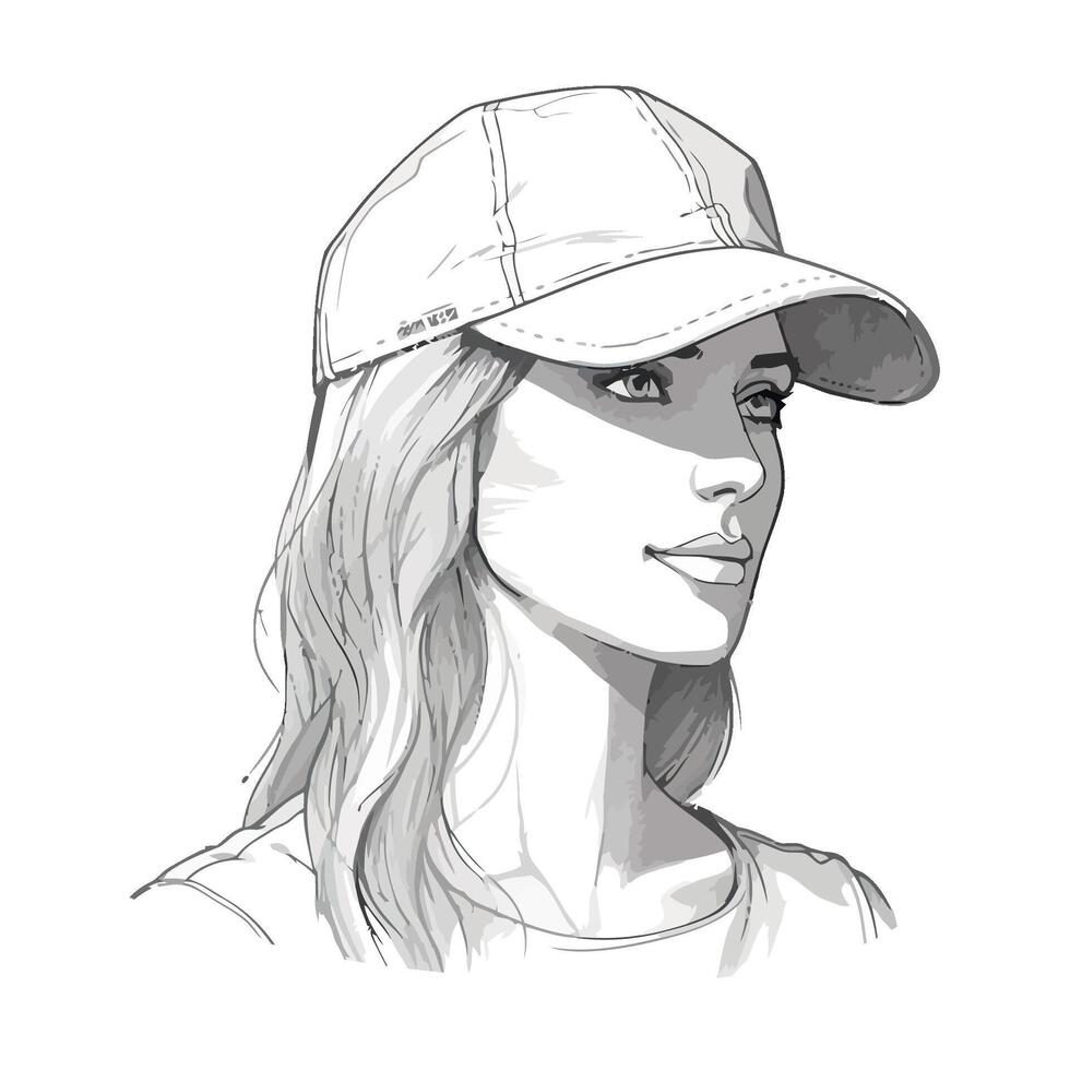 A drawing of a woman wearing a baseball cap vector