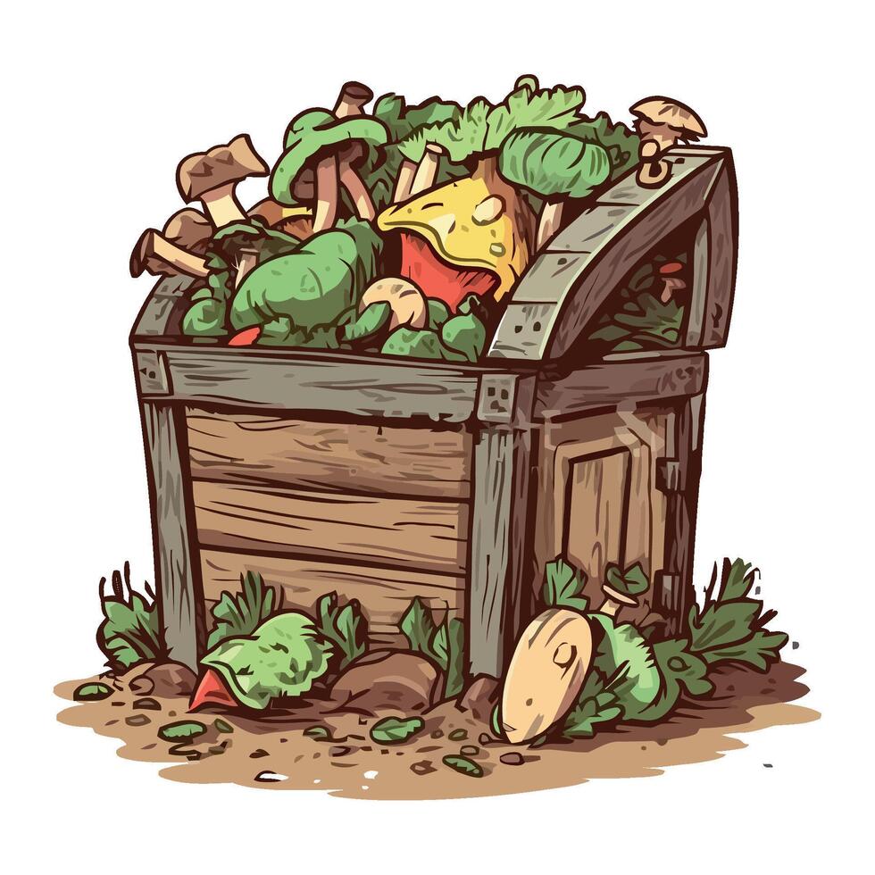 A wooden chest full of vegetables and mushrooms vector