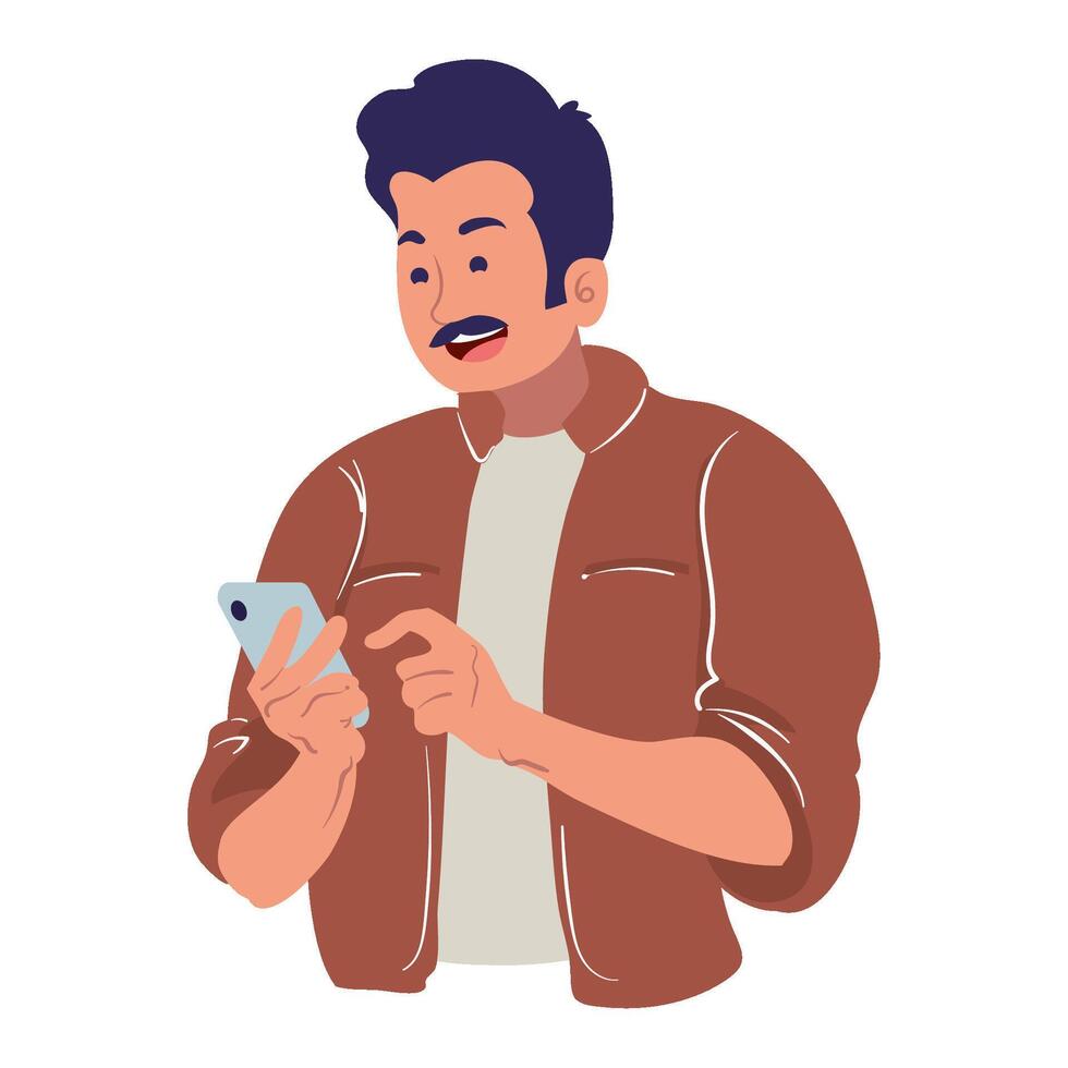A man with a mustache and mustache looking at his phone vector