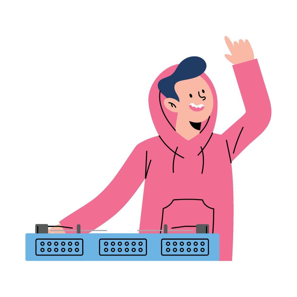 Dj in pink hoodie with hands up vector