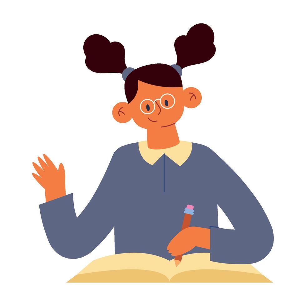 A girl with glasses is sitting at a desk with a book vector