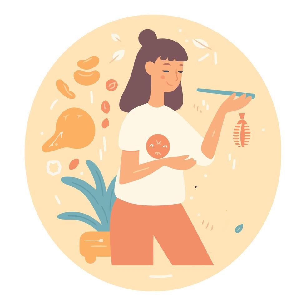 A woman holding a bowl of food and a chopstick vector