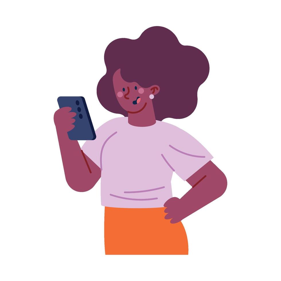 An illustration of a woman holding a phone vector