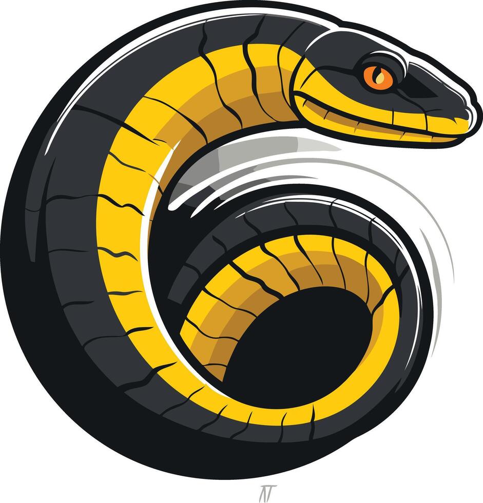 A stylized illustration of a black snake with yellow stripes, curled in a circular shape vector
