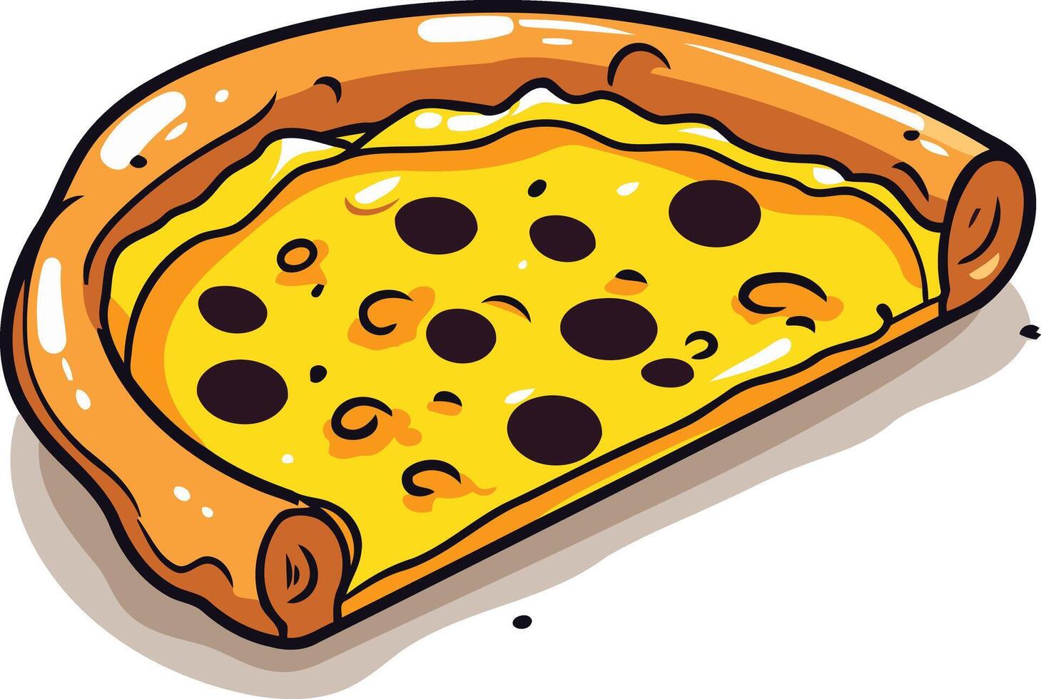 A cartoon slice of pizza with olives, perfect for menus, food blogs, and social media posts vector