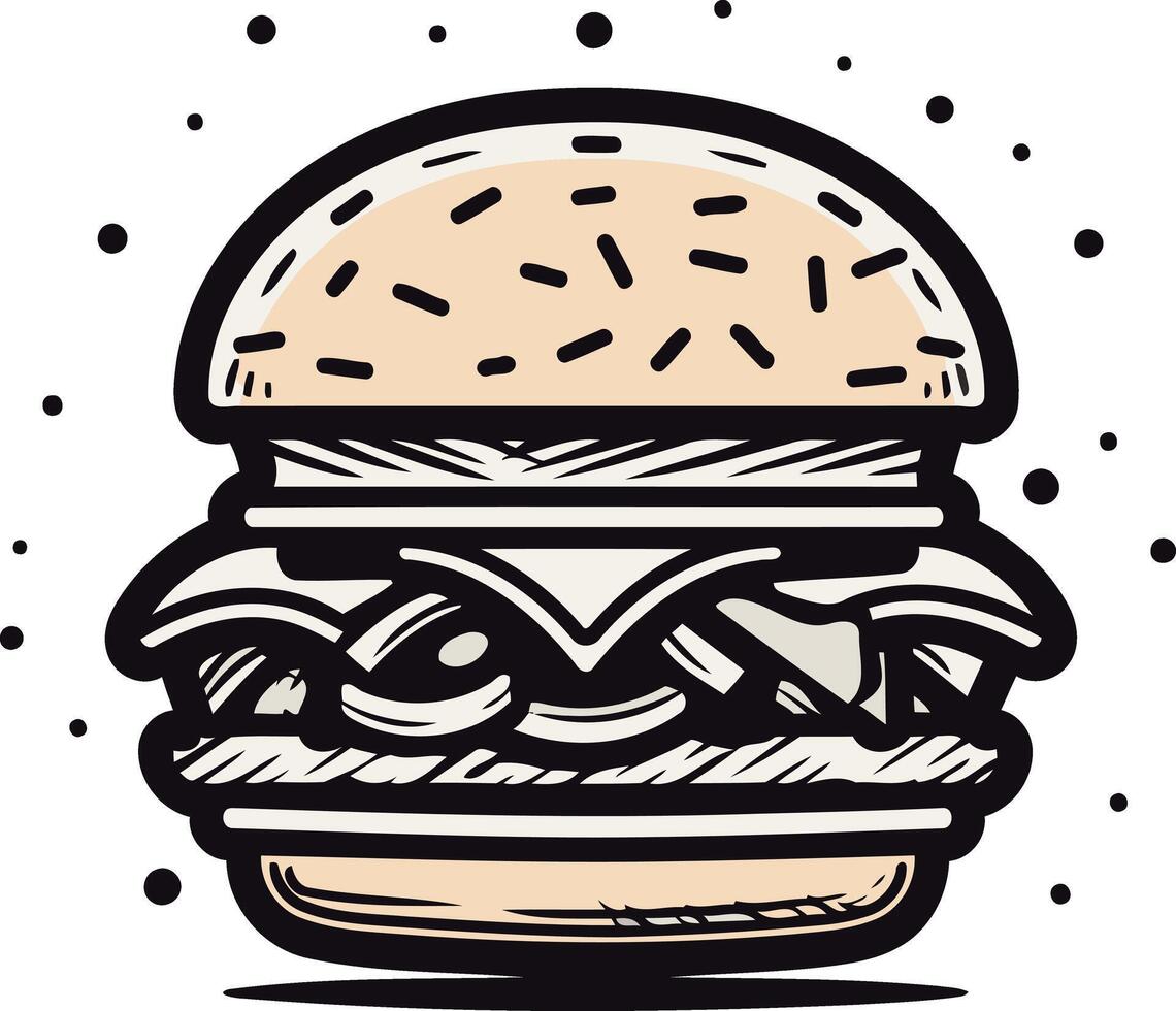 A cartoon style illustration of a delicious burger, featuring a sesame seed bun, juicy patty, lettuce, cheese, and onion vector