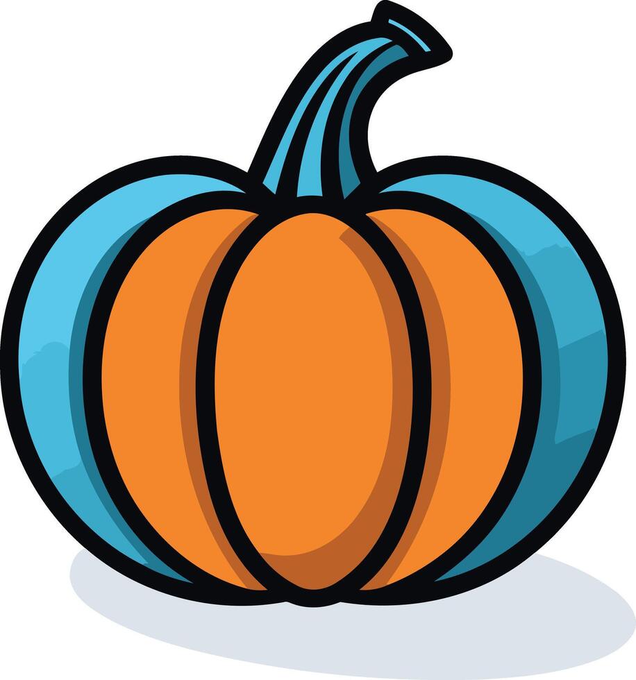 A cheerful, cartoon style pumpkin with a blue stem and outline vector