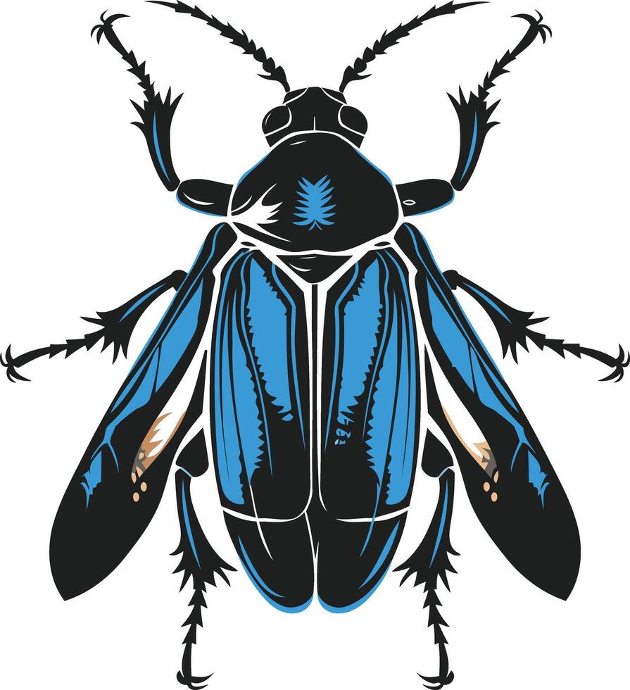 A striking, graphic illustration of a beetle with blue wings and black body vector