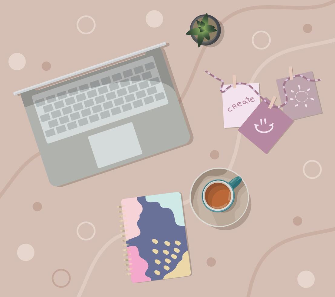 Home comfortable workplace. Laptop, notebook, coffee and plant on the table vector