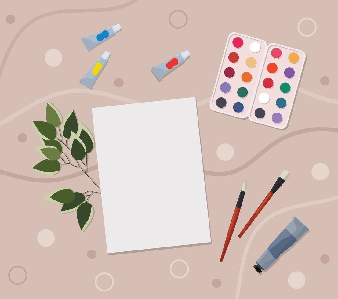 Home creative art space. Watercolors, paint tubes, paper, brushes, leaf branch on the table vector