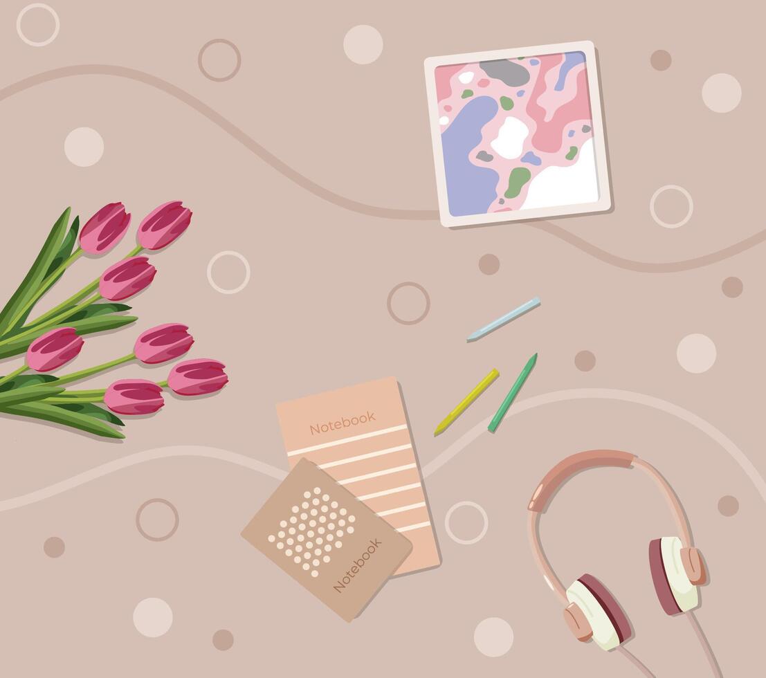 Home comfortable creative space. Tulips, notebooks, headphones on the table illustration vector