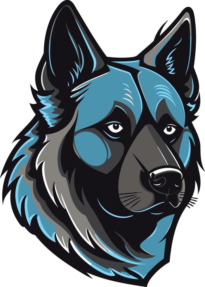 A fierce and bold german shepherd head, rendered in a striking blue and black color scheme vector