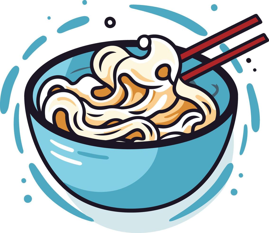 A cartoon illustration of a bowl of noodles with chopsticks vector