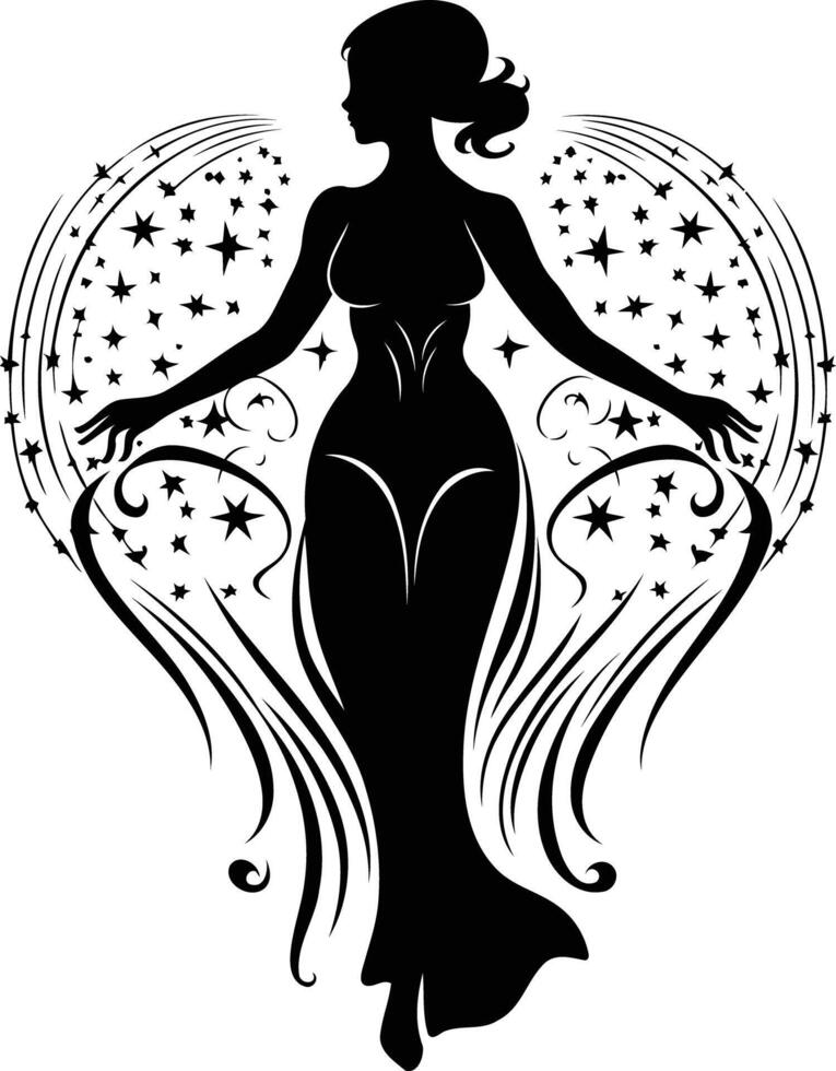 Elegant silhouette of a woman surrounded by stars and swirling lines, perfect for design projects related to beauty, fashion, and magic vector
