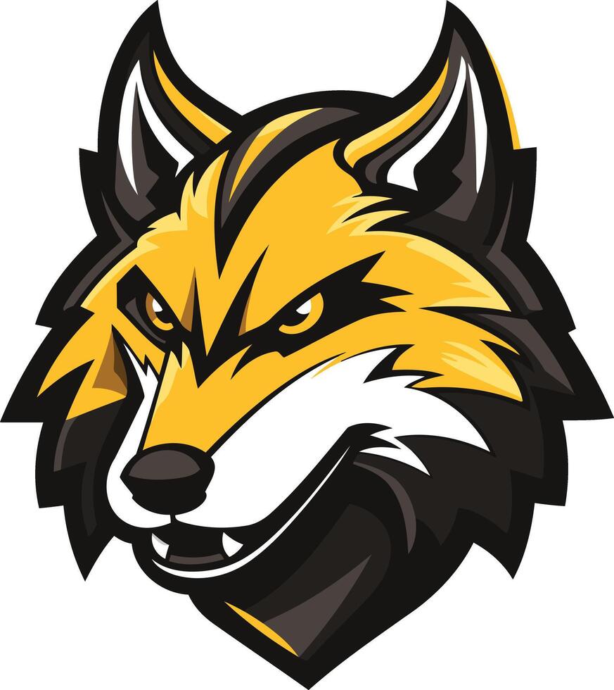 A fierce and determined wolf head mascot, with black and gold fur vector