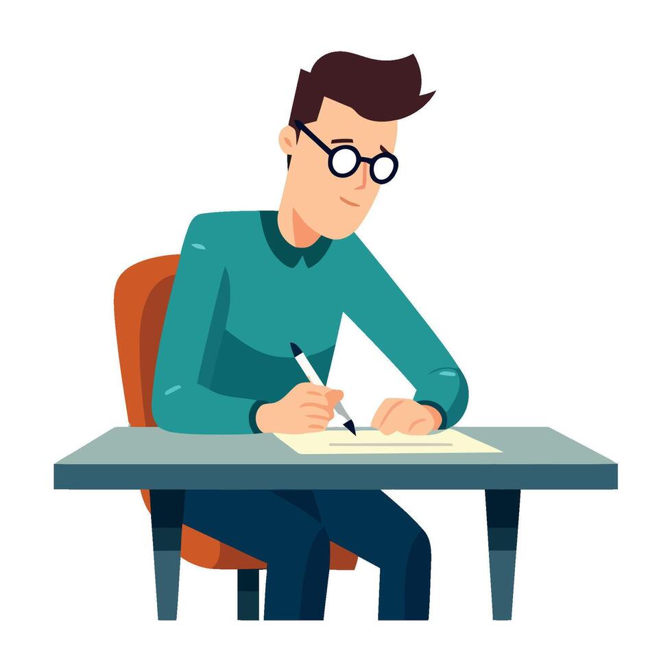 A man in glasses sitting at a desk writing vector
