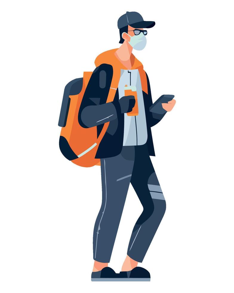 Man with backpack and mask wearing a face mask vector
