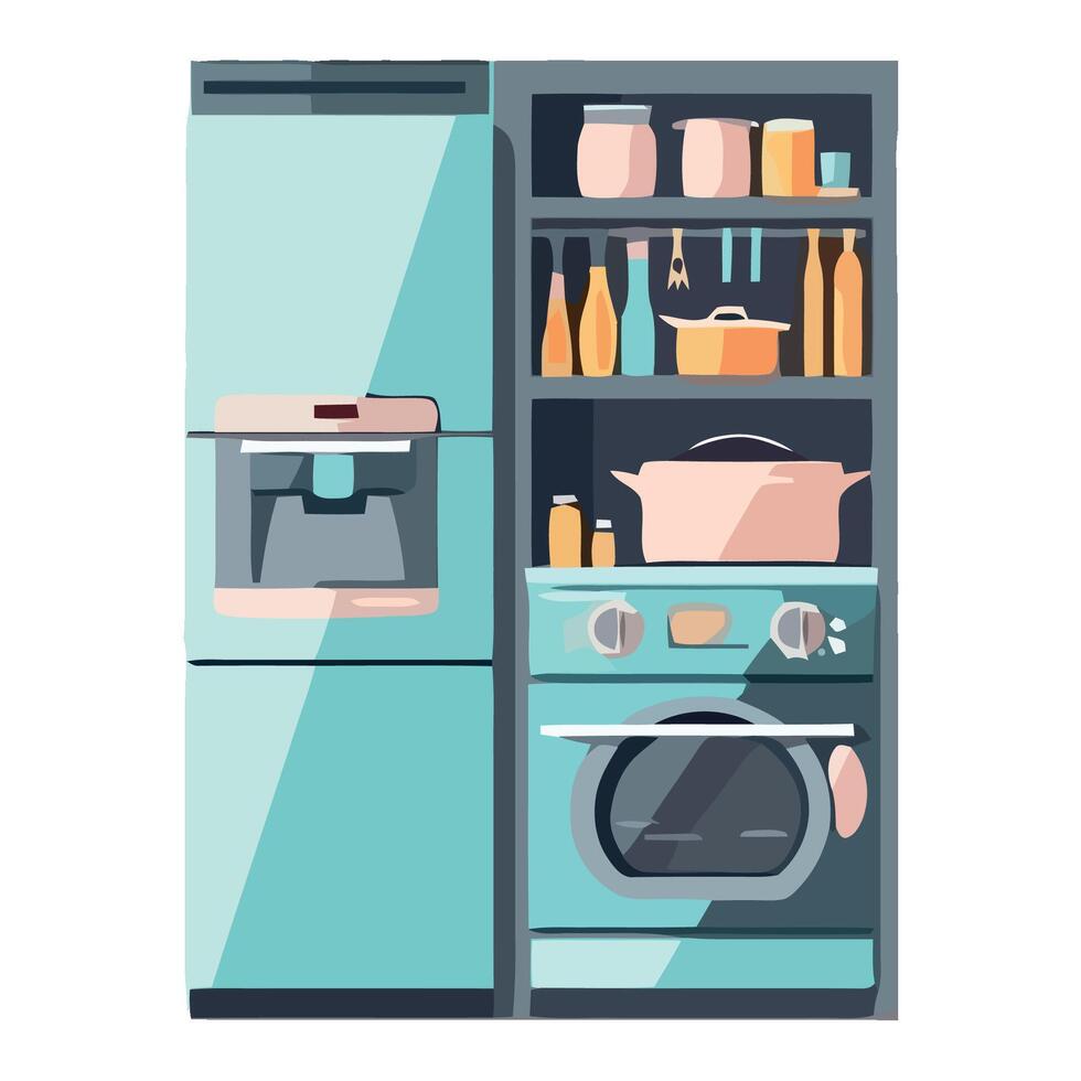 A refrigerator and stove are shown in a flat style vector