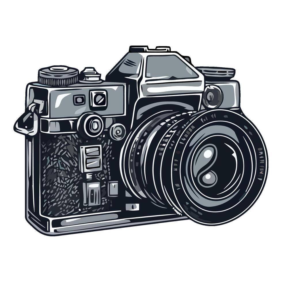 An old camera is shown in a black and white drawing vector