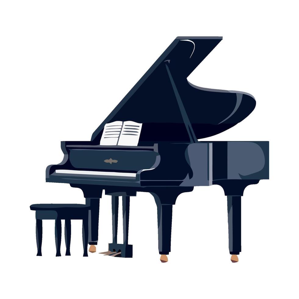 A black grand piano with a stool and book vector