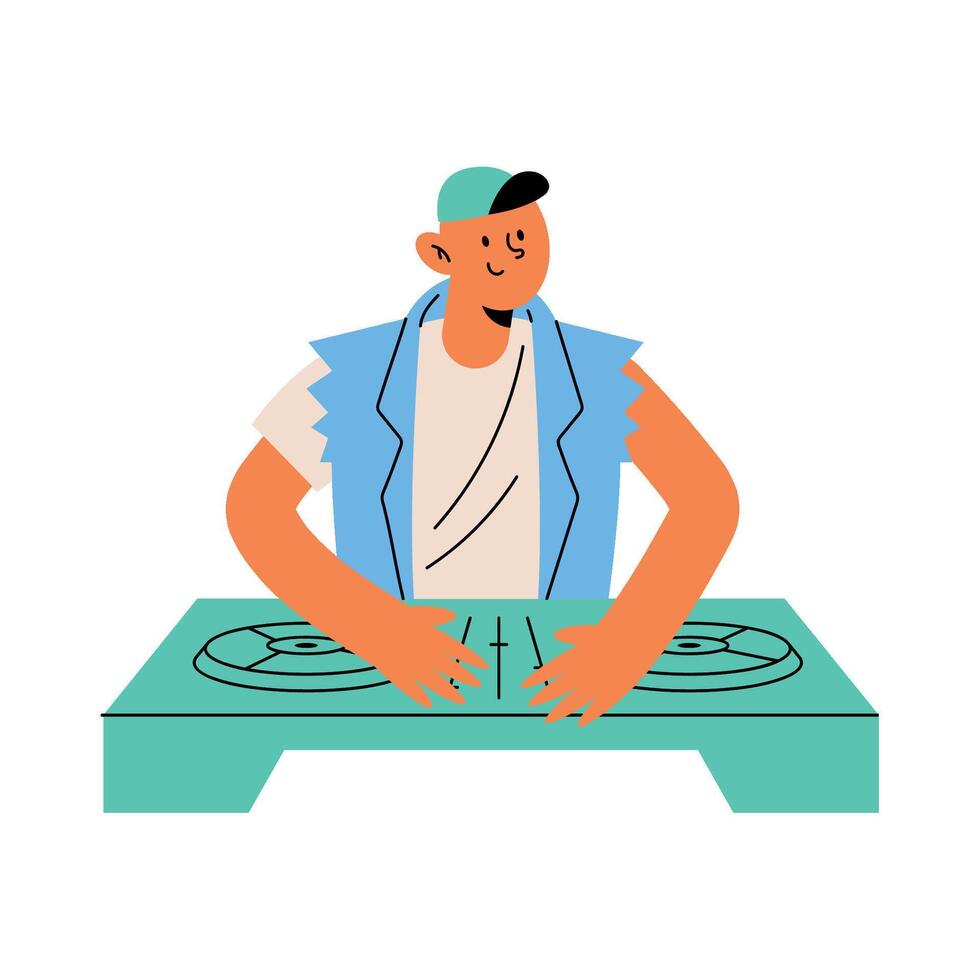 A man is playing a dj set on a turntable vector
