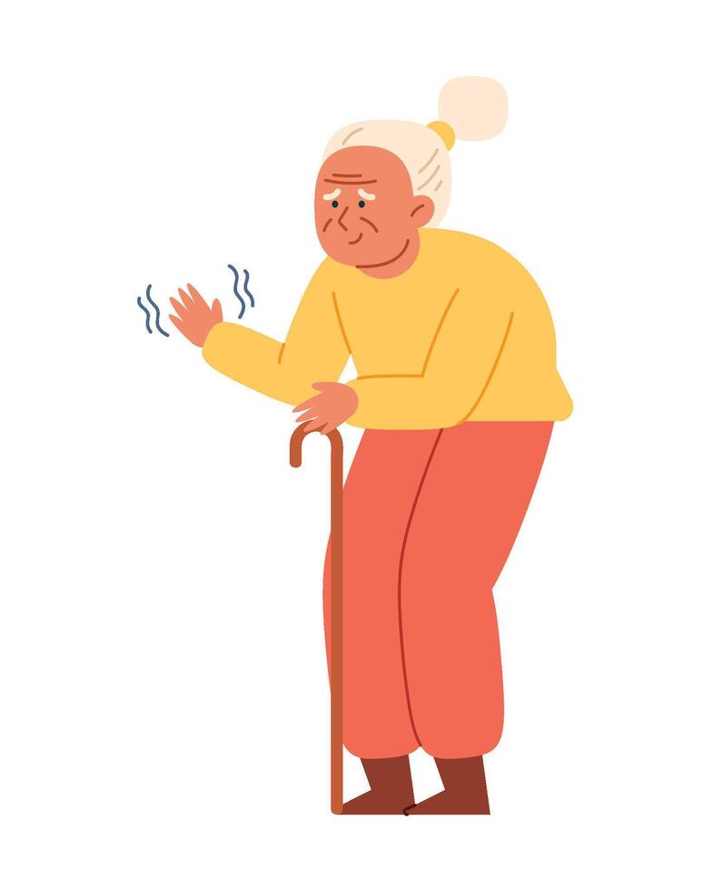 An elderly woman with a cane and a cold feeling vector