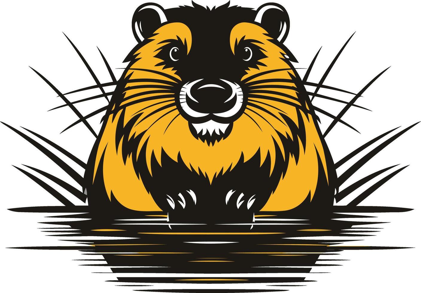 A bold, cartoon style illustration of a cute beaver with a friendly expression, set against a stylized grassy background vector
