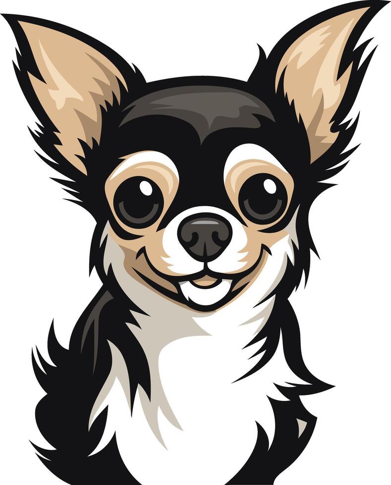 A charming cartoon illustration of a black and white chihuahua with big, expressive eyes, looking directly at the viewer with a happy smile vector