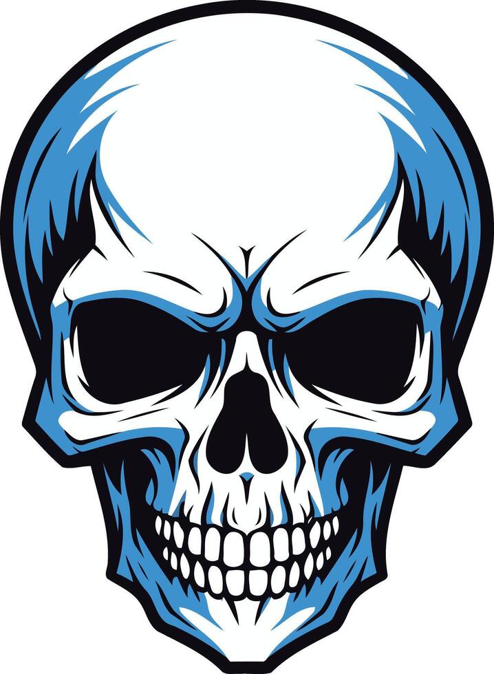 A detailed, stylized skull illustration with a blue outline vector