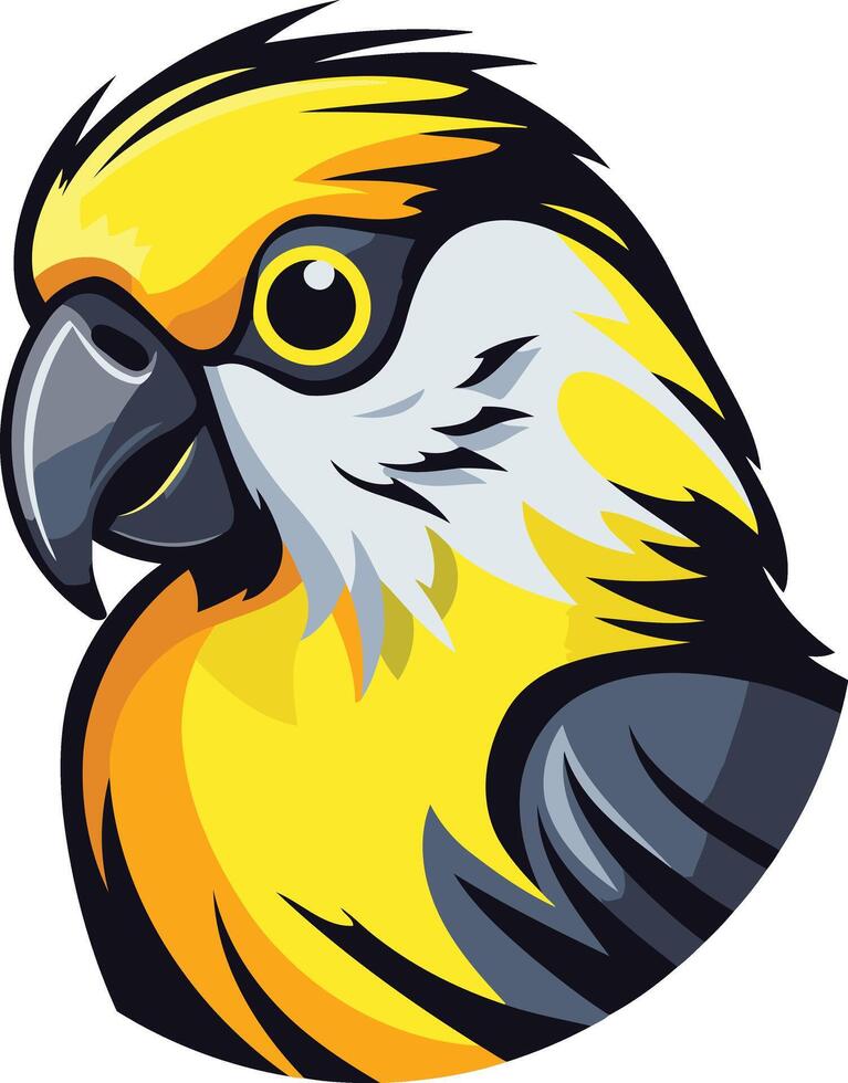 A vibrant cartoon parrot head with yellow and blue feathers, perfect for logos, branding, and mascot designs vector