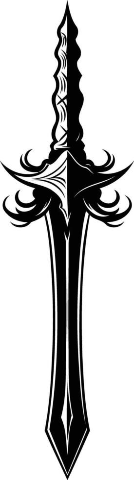 A stylized black and white illustration of a sword with a sharp point and intricate details on the blade and hilt vector