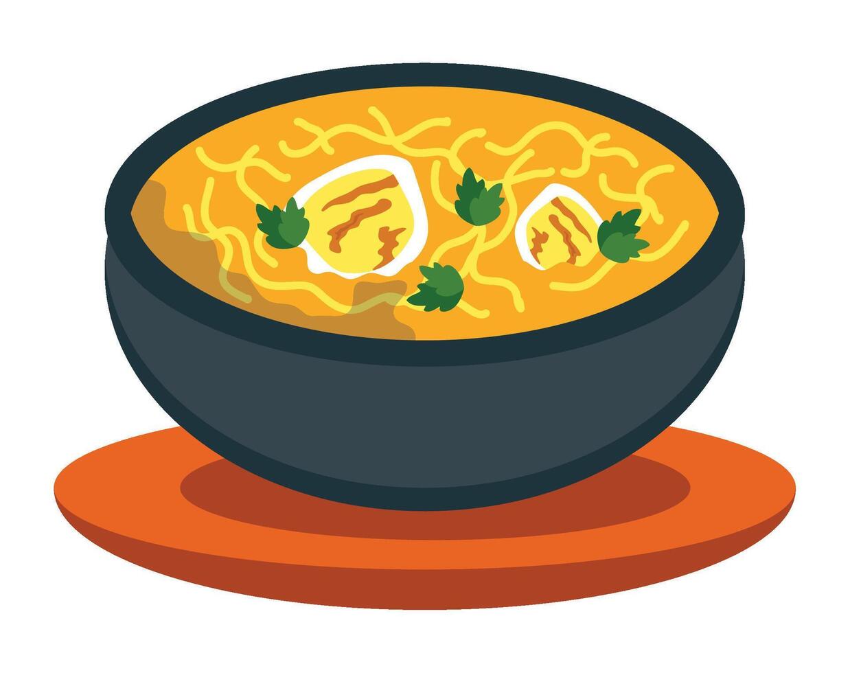A bowl of noodles with eggs and herbs vector