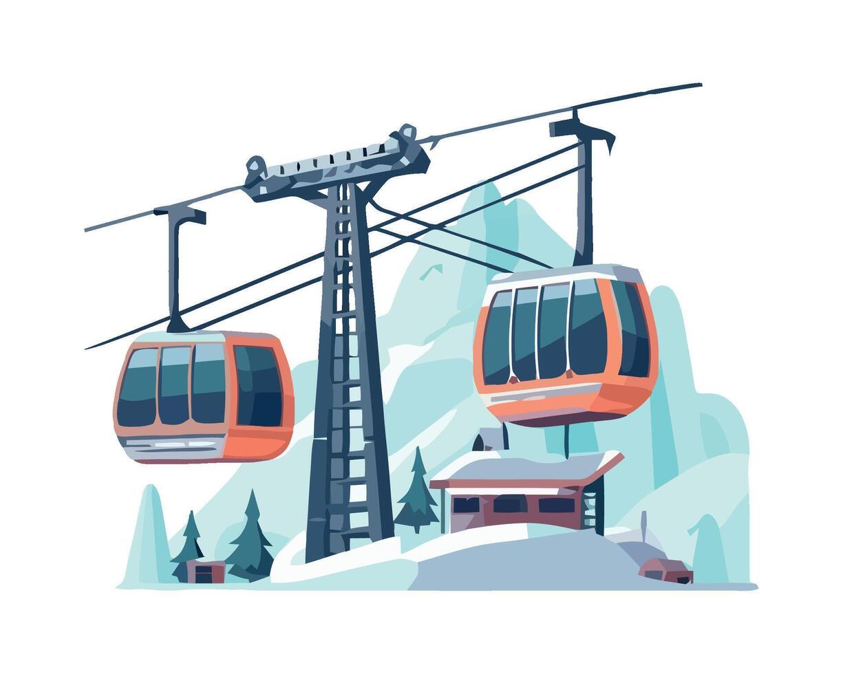 Gondola lift in the mountains with a house and trees vector