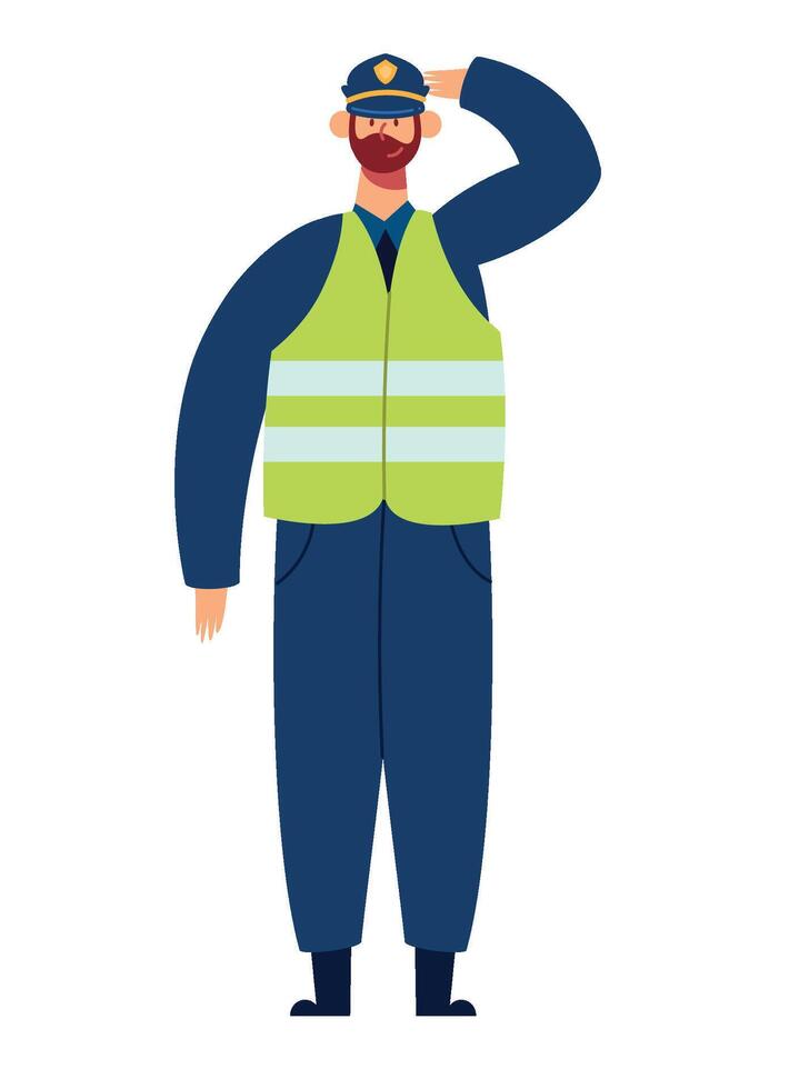 A man in a police uniform is standing with his hand on his head vector
