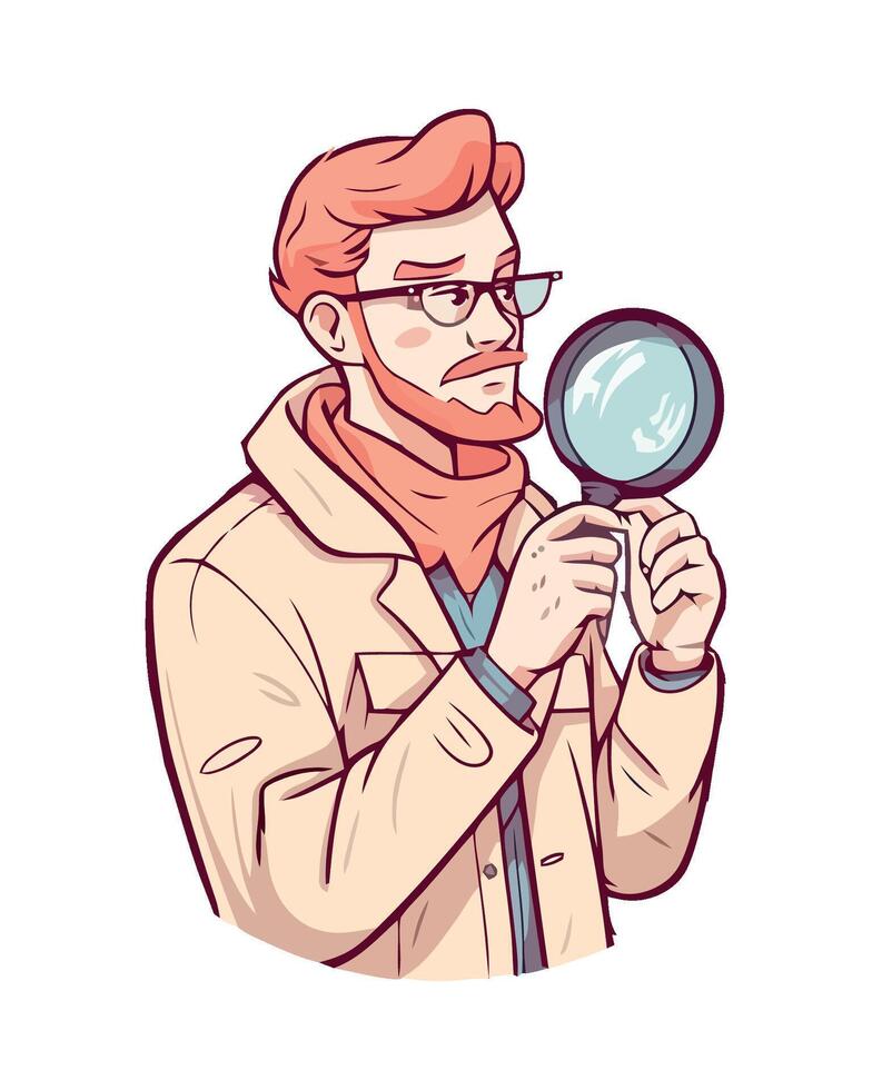 A man in glasses and a scarf is holding a magnifying glass vector
