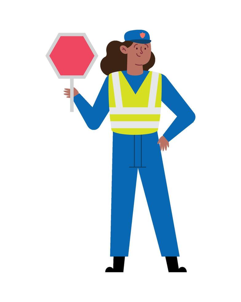 A woman in a safety vest holding a stop sign vector
