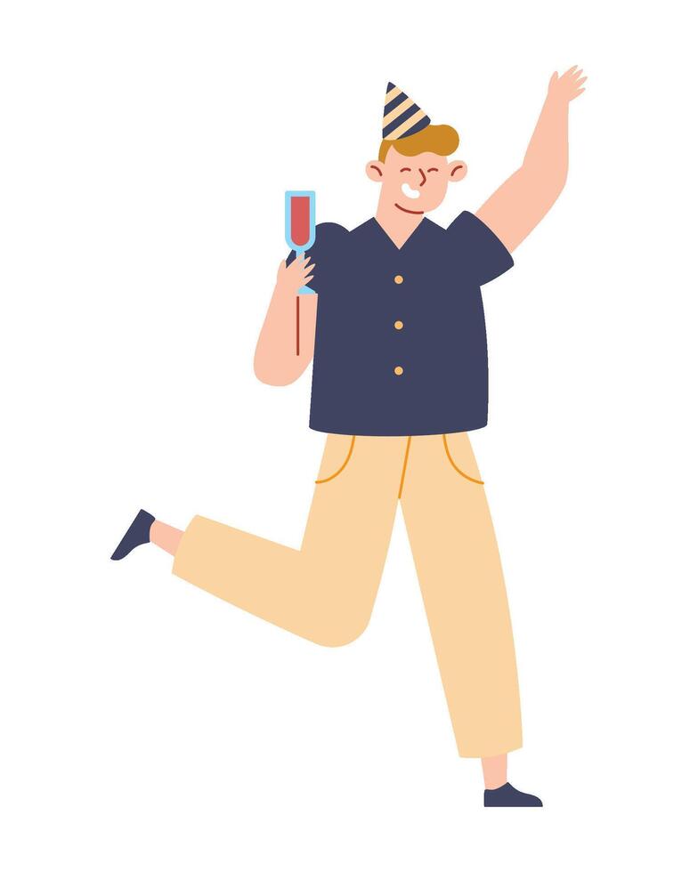 Happy man with a party hat and a bottle of champagne vector