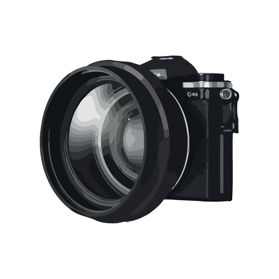A camera with a lens on it is shown vector
