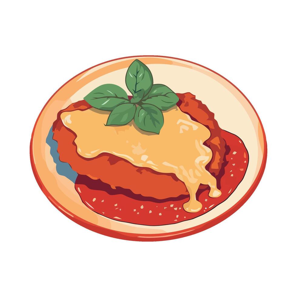 Chicken cutlet with sauce and basil on a plate vector