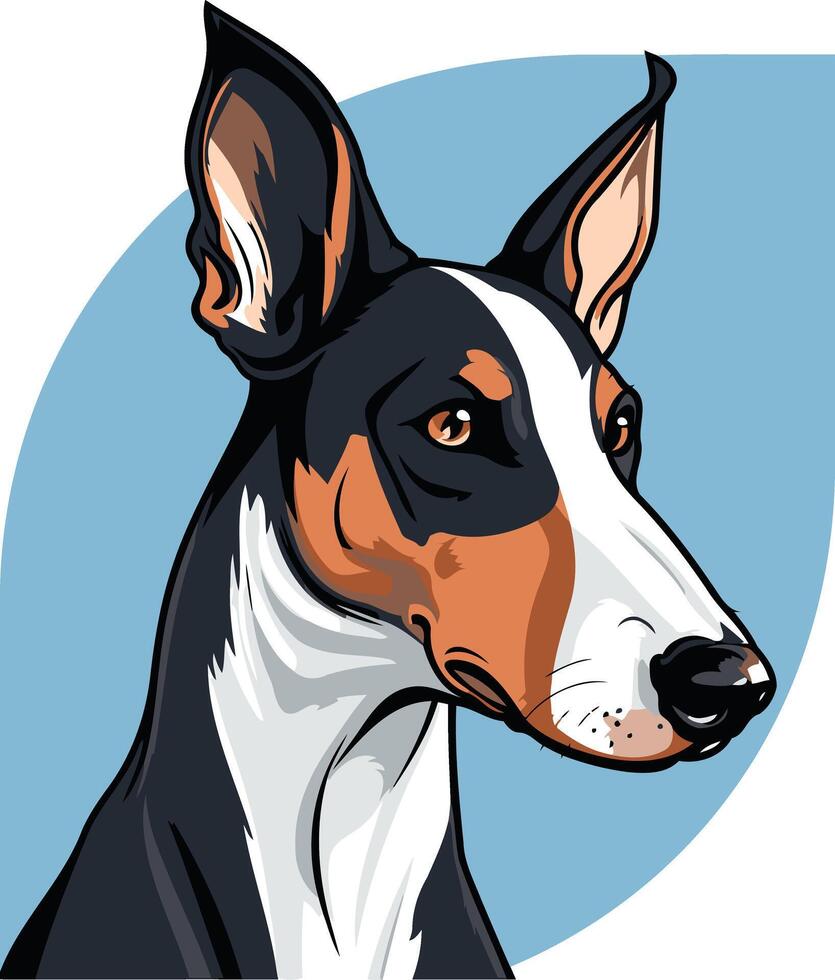 A colorful, detailed illustration of a bull terrier's head, showcasing its distinct facial features and unique tri color coat vector